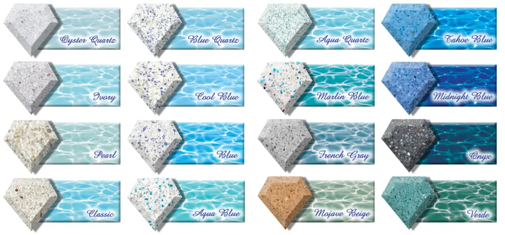 Sample of 16 different DiamondBrite pool resurfacing colors